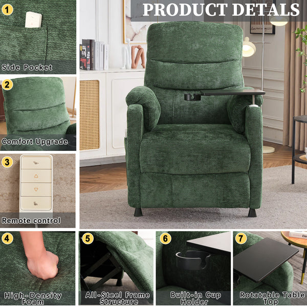 Power Recliner Chair, Nursery Recliner Chair with Swivel Tray Table & Cup Holder, Modern Chenille Fabric Electric Recliner with Side Pocket & Remote for Living Room Small Space