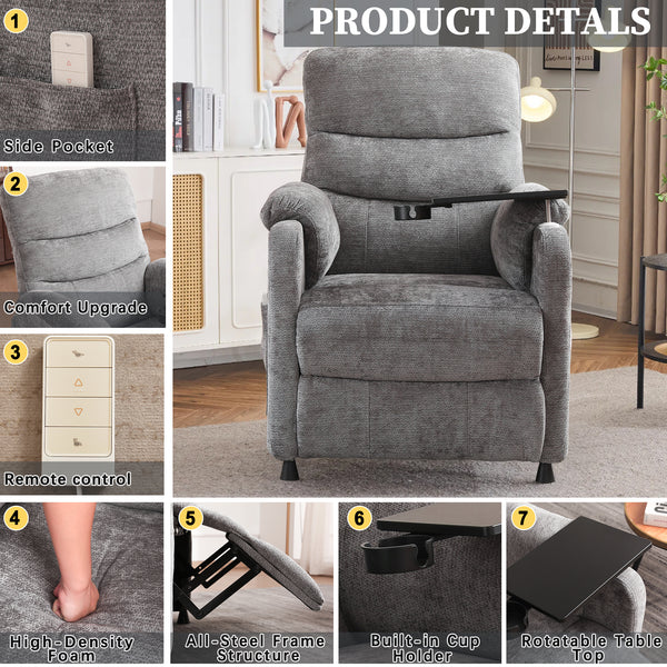 Power Recliner Chair, Nursery Recliner Chair with Swivel Tray Table & Cup Holder, Modern Chenille Fabric Electric Recliner with Side Pocket & Remote for Living Room Small Space