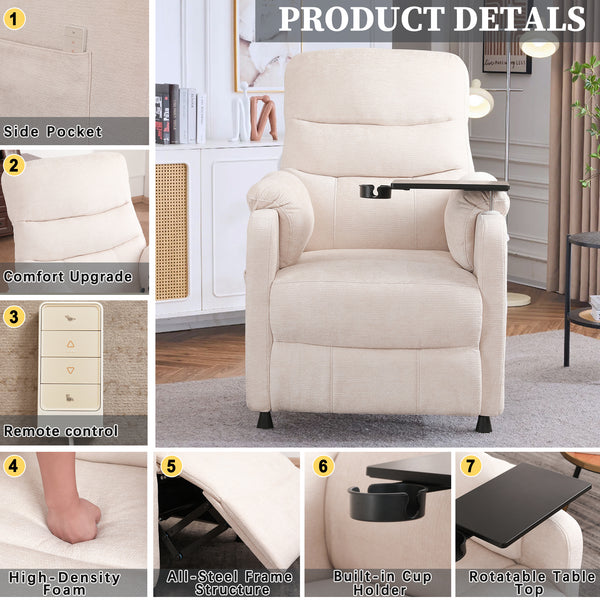 Power Recliner Chair, Nursery Recliner Chair with Swivel Tray Table & Cup Holder, Modern Chenille Fabric Electric Recliner with Side Pocket & Remote for Living Room Small Space