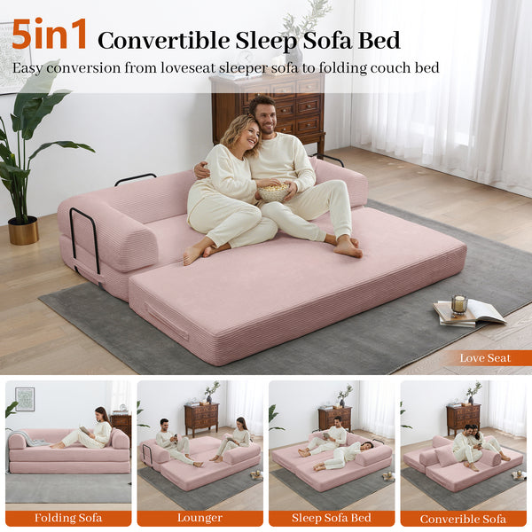 3-in-1 Convertible Sleeper Sofa Bed with Pillows - 78" Corduroy Folding Couch for Living Room, Bedroom