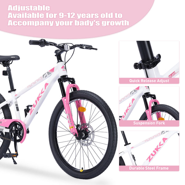 Holaki 24-Inch Kids Mountain Bike for Boys & Girls Ages 9–12, Durable Steel Frame Kid Bicycle with Suspension Fork, Double Disc Brakes, Adjustable Saddle & Handlebar