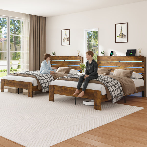 Wood Full Bed Frame with Headboard, Holaki Rustic Farmhouse Platform Bed Frame with USB Port & LED Lights, Heavy-Duty Wood & Metal Frame, No Box Spring Needed, Easy Assembly