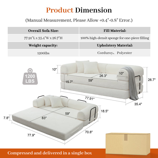 3-in-1 Convertible Sleeper Sofa Bed with Pillows - 78" Corduroy Folding Couch for Living Room, Bedroom