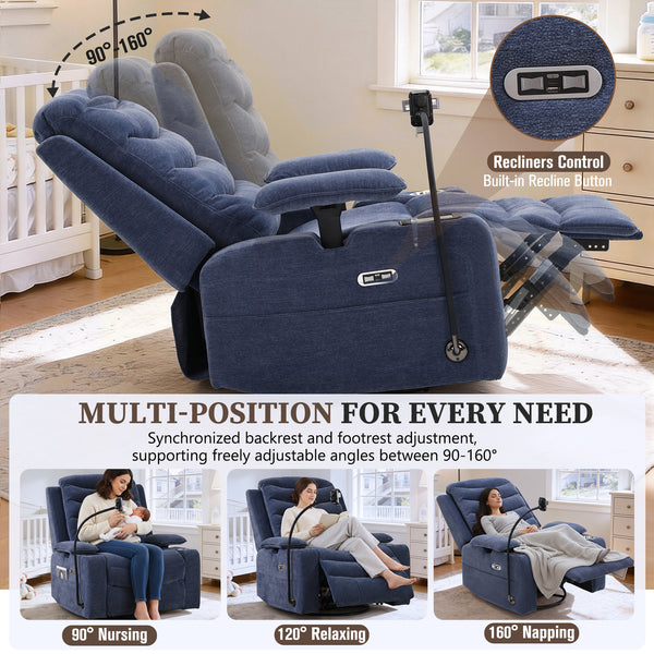 Holaki Power Recliner Chair, 270° Swivel Recliner with Heat & Lumbar Support, Modern Chenille Rocker Recliner Nursery Chair with Smart Cup Holder & Adjustable Armrests for Nursing