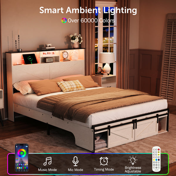 Queen Size Bed Frame, Holaki Farmhouse Queen Bed Frame with Storage Headboard, Charging Station & LED Lights, 2 Storage Drawers, No Box Spring Needed, Noise Free, Easy Assembly, White