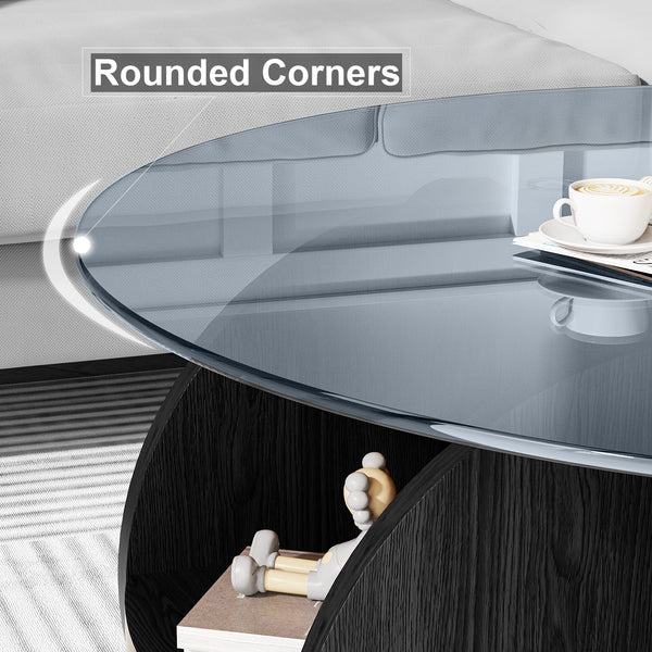 31.5" Round Glass Top Coffee Table for Living Room, Holaki Modern Center Table with Solid Wood Legs and Storage Shelves, Circle Center Cocktail Table with Tempered Glass-Top