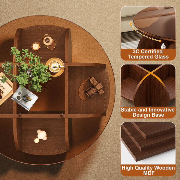 31.5" Round Glass Top Coffee Table for Living Room, Holaki Modern Center Table with Solid Wood Legs and Storage Shelves, Circle Center Cocktail Table with Tempered Glass-Top