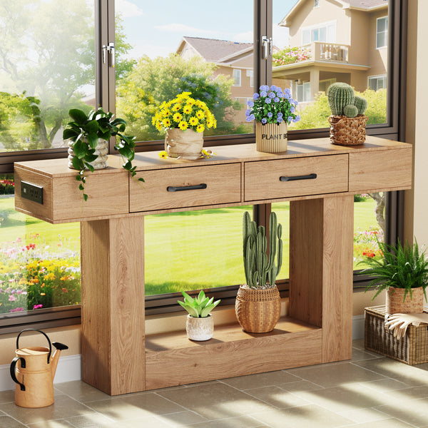 Holaki 63" Long Console Tables with Outlet, LED Strip & 2 Drawers, Modern Farmhouse Entryway Table with 20 Static Colors & 20 Changing Modes for Living Room, Office