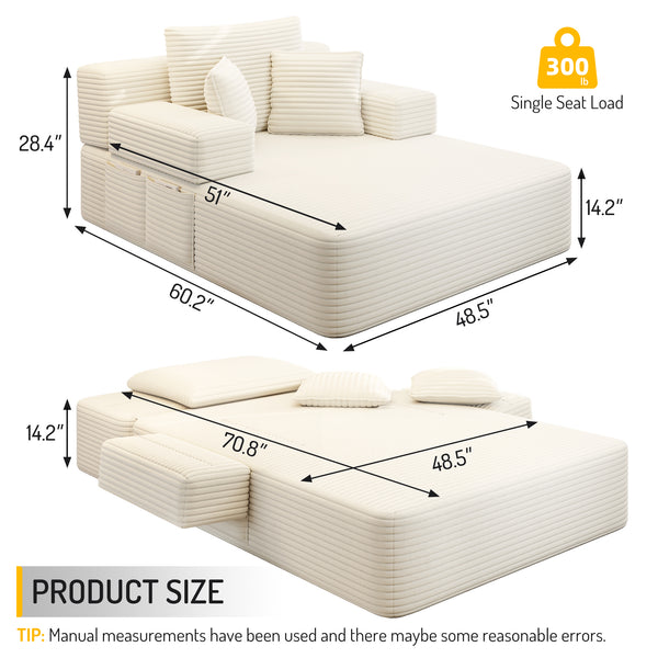 Oversized Chaise Lounge Chair Indoor, Holaki 2 in 1 Convertible Sofa Bed with 3 Pillows & Side Pocket, Corduroy Upholstered Sleeper Sofa Bed for Small Spaces Living Room Apartment