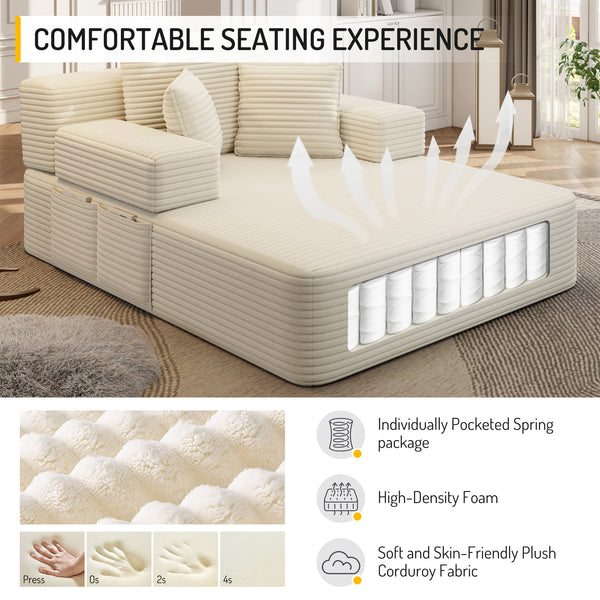 Oversized Chaise Lounge Chair Indoor, Holaki 2 in 1 Convertible Sofa Bed with 3 Pillows & Side Pocket, Corduroy Upholstered Sleeper Sofa Bed for Small Spaces Living Room Apartment