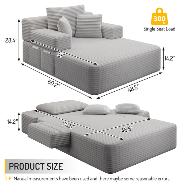 Oversized Chaise Lounge Chair Indoor, Holaki 2 in 1 Convertible Sofa Bed with 3 Pillows & Side Pocket, Corduroy Upholstered Sleeper Sofa Bed for Small Spaces Living Room Apartment