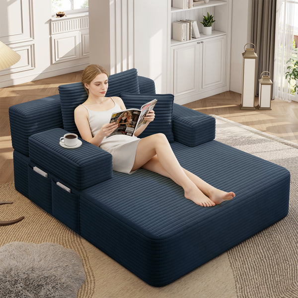 Oversized Chaise Lounge Chair Indoor, Holaki 2 in 1 Convertible Sofa Bed with 3 Pillows & Side Pocket, Corduroy Upholstered Sleeper Sofa Bed for Small Spaces Living Room Apartment