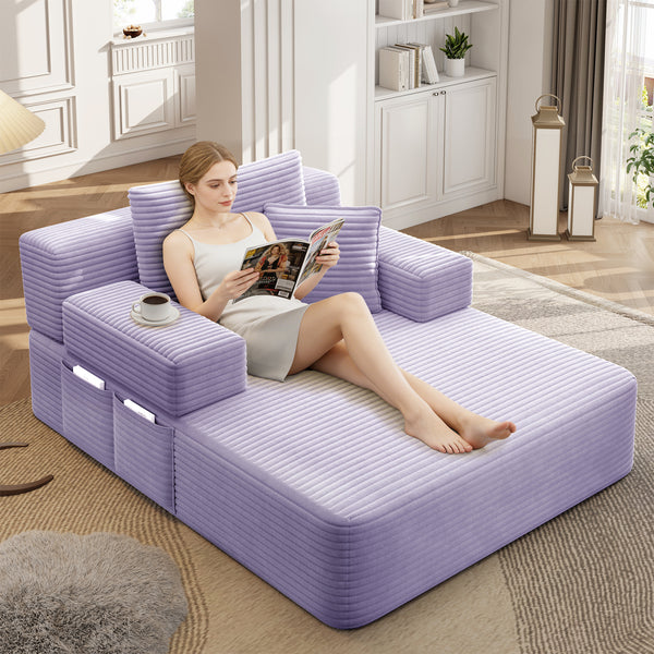 Oversized Chaise Lounge Chair Indoor, Holaki 2 in 1 Convertible Sofa Bed with 3 Pillows & Side Pocket, Corduroy Upholstered Sleeper Sofa Bed for Small Spaces Living Room Apartment