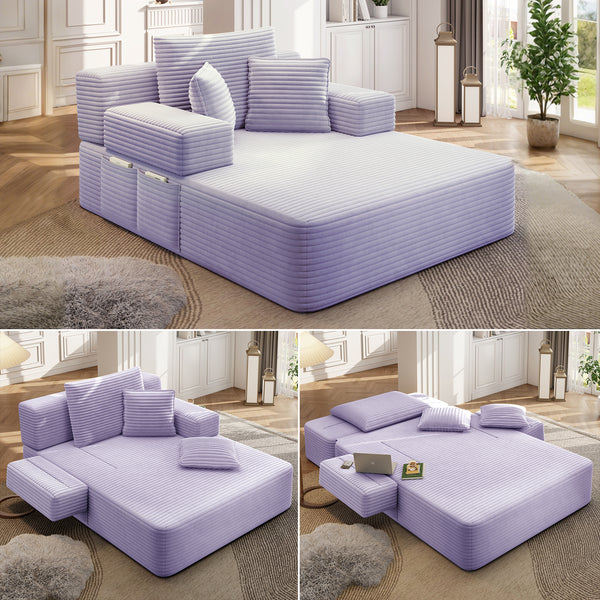 Oversized Chaise Lounge Chair Indoor, Holaki 2 in 1 Convertible Sofa Bed with 3 Pillows & Side Pocket, Corduroy Upholstered Sleeper Sofa Bed for Small Spaces Living Room Apartment