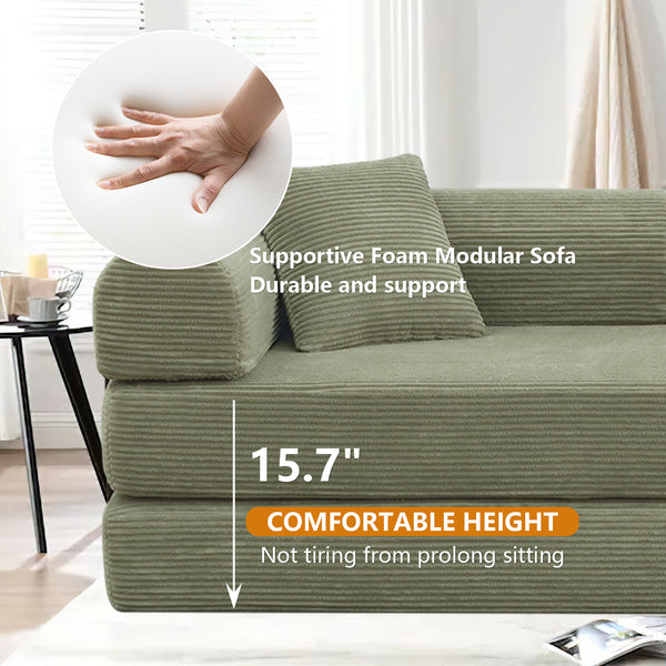 Convertible Floor Sofa Bed, Holaki 63" Foldable Compression Loveseat Lounge Sleeper Sofa with Pillow & Fixed-Shape Frame, Corduroy Folding Boneless Sofa Couch for Living Room, Small Space