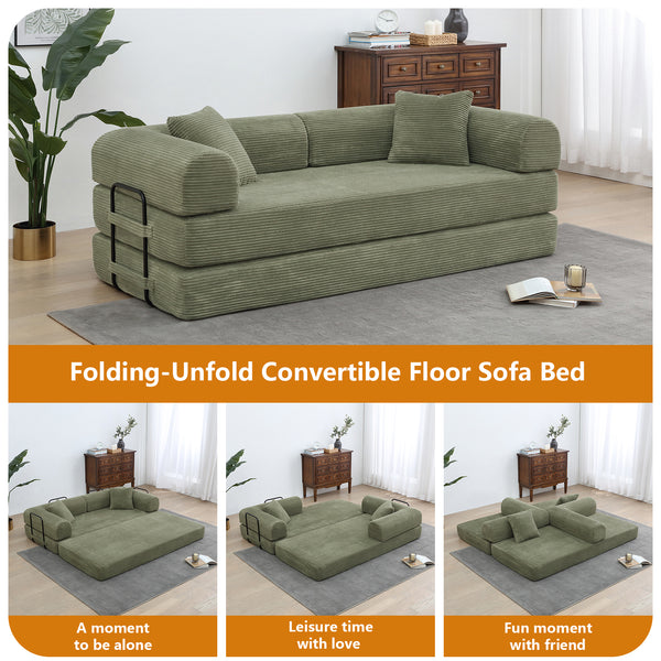 Convertible Floor Sofa Bed, Holaki 63" Foldable Compression Loveseat Lounge Sleeper Sofa with Pillow & Fixed-Shape Frame, Corduroy Folding Boneless Sofa Couch for Living Room, Small Space