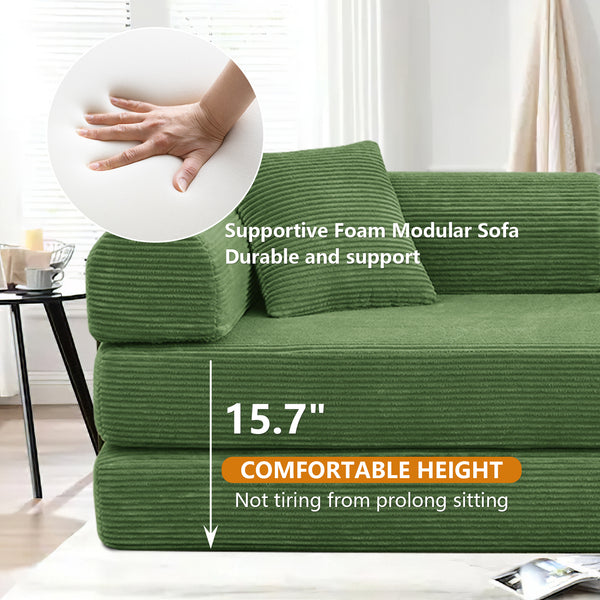 Convertible Floor Sofa Bed, Holaki 63" Foldable Compression Loveseat Lounge Sleeper Sofa with Pillow & Fixed-Shape Frame, Corduroy Folding Boneless Sofa Couch for Living Room, Small Space