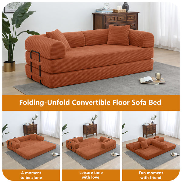 Convertible Floor Sofa Bed, Holaki 63" Foldable Compression Loveseat Lounge Sleeper Sofa with Pillow & Fixed-Shape Frame, Corduroy Folding Boneless Sofa Couch for Living Room, Small Space