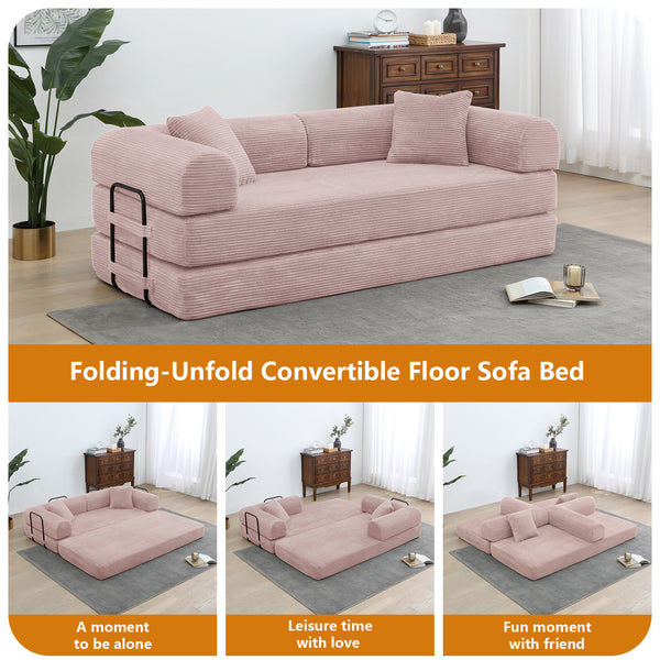 Convertible Floor Sofa Bed, Holaki 63" Foldable Compression Loveseat Lounge Sleeper Sofa with Pillow & Fixed-Shape Frame, Corduroy Folding Boneless Sofa Couch for Living Room, Small Space