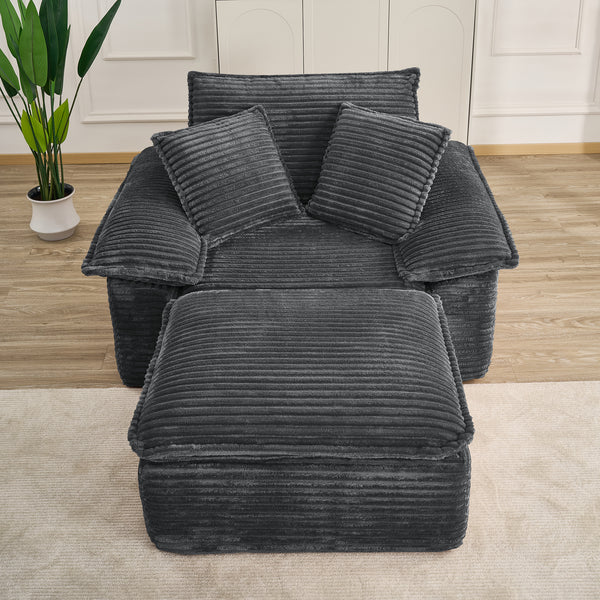 47" Oversized Chaise Lounge Chair Indoor, Holaki Fluffy Corduroy Upholstered Springs Sofa Bed with Ottoman & Pillows, Modern Comfy Cloud Sofas Couches for Living Room, Bedroom