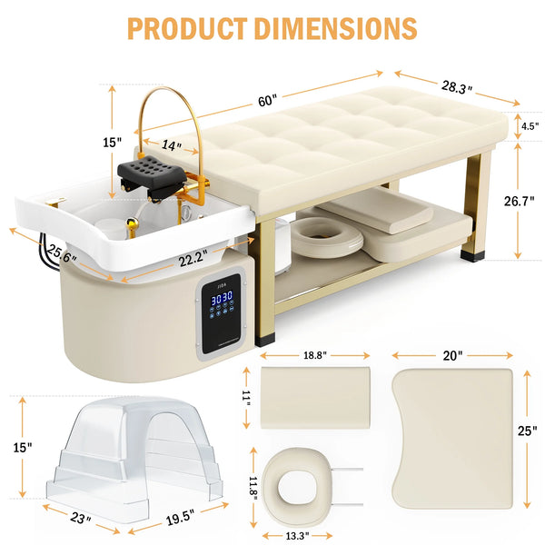 All-in-One Head Spa Massage Table with Steam Fumigation & Water Circulation - Stationary Salon Facial Bed with Gold Steel Frame, Beige PU Leather for Scalp Treatments