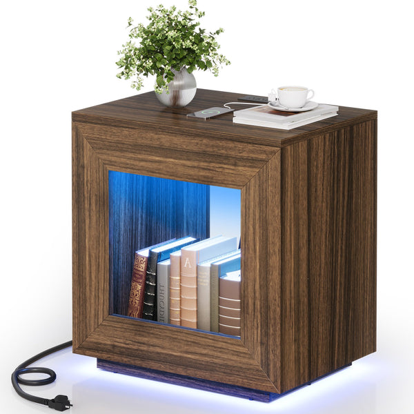 24" Nightstand for Bedroom, Rustic Nightstand with USB Ports & Storage Shelf, Farmhouse End Table with Charging Station and LED Lights, Small Side Table for Living Room