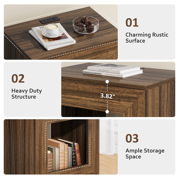 24" Nightstand for Bedroom, Rustic Nightstand with USB Ports & Storage Shelf, Farmhouse End Table with Charging Station and LED Lights, Small Side Table for Living Room