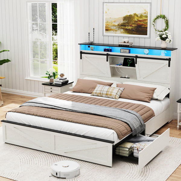 Holaki Farmhouse Queen Size Bed Frame with Storage Headboard, 2 Drawers, Charging Station & RGB LED Lights, Wood Platform Bed with Shelves & Hidden Storage, No Box Spring Required, Dark Brown
