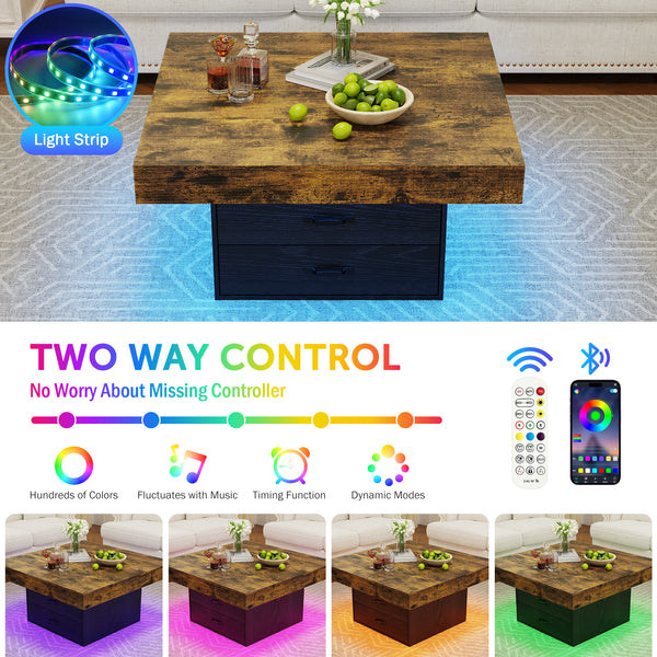 35.43" Coffee Table, Holaki Farmhouse Square Coffee Table with 2 Large Storage Drawers and LED Light, Thick Tabletop Wooden Coffee Table for Living Room Office, Black