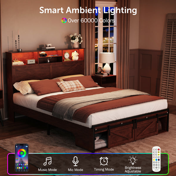 Queen Size Bed Frame, Holaki Farmhouse Queen Bed Frame with Storage Headboard, Charging Station & LED Lights, 2 Storage Drawers, No Box Spring Needed, Noise Free, Easy Assembly, White