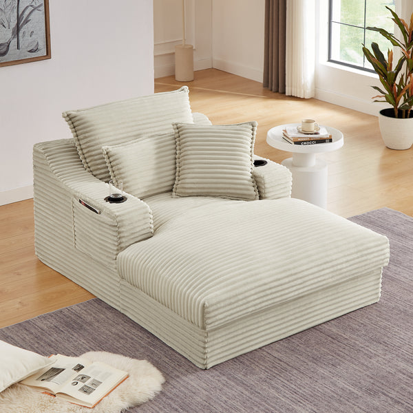 68" Oversized Chaise Lounge Chair Indoor, Comfy Deep Seat Sleeper Cloud Couch with 2 Cup Holder & Throw Pillow, Upholstered Deep Seat Accent Chair for Living Room, No Assembly Required
