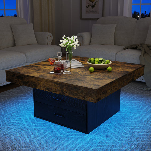 35.43" Coffee Table, Holaki Farmhouse Square Coffee Table with 2 Large Storage Drawers and LED Light, Thick Tabletop Wooden Coffee Table for Living Room Office, Black
