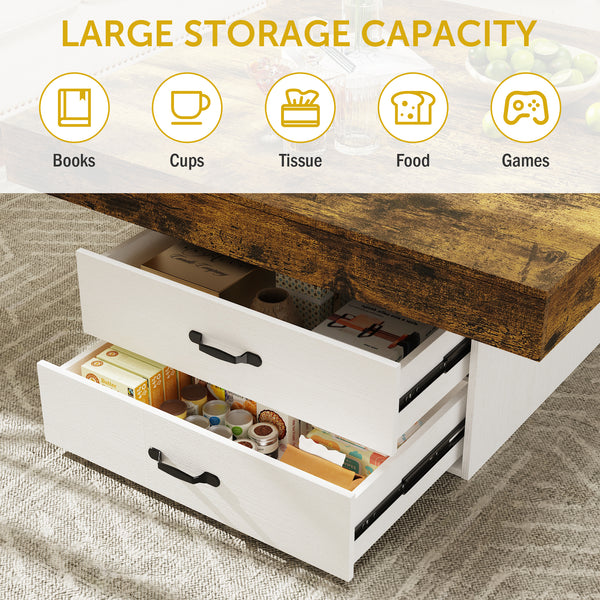 35.43" Coffee Table, Holaki Farmhouse Square Coffee Table with 2 Large Storage Drawers and LED Light, Thick Tabletop Wooden Coffee Table for Living Room Office, Black