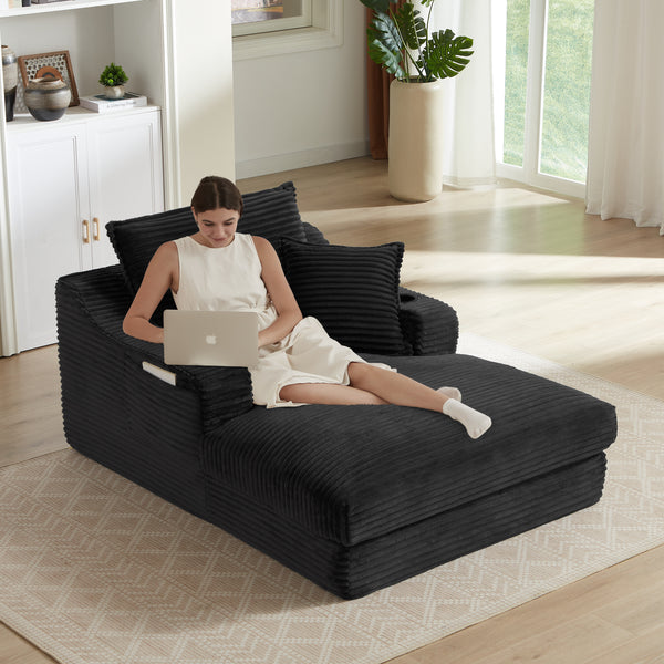 68" Oversized Chaise Lounge Chair Indoor, Comfy Deep Seat Sleeper Cloud Couch with 2 Cup Holder & Throw Pillow, Upholstered Deep Seat Accent Chair for Living Room, No Assembly Required