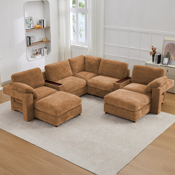 Holaki 138" Oversized Modular Sectional Sofa with 2 Built-in Side Tables, 3 Seat Large Wide Comfy Cloud Couches for Living Room, Sectional Sleeper Sofa with 2 Ottoman & Storage Space
