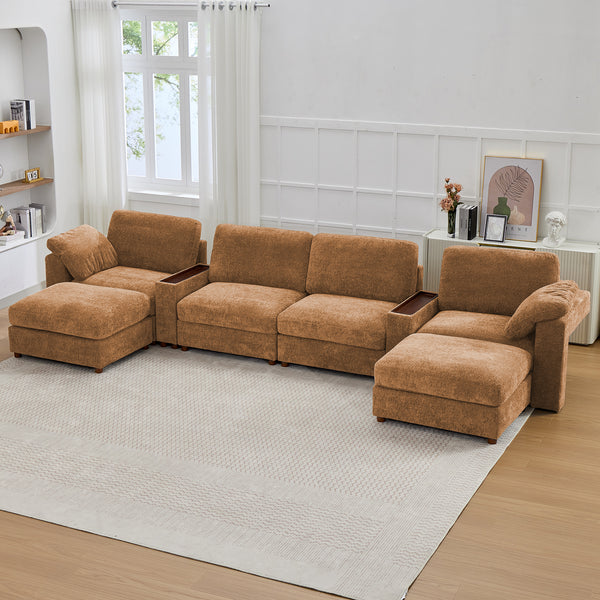 Holaki 138" Oversized Modular Sectional Sofa with 2 Built-in Side Tables, 3 Seat Large Wide Comfy Cloud Couches for Living Room, Sectional Sleeper Sofa with 2 Ottoman & Storage Space