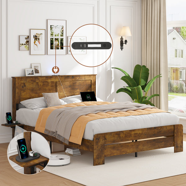 Wood Queen Bed Frame with Headboard, Holaki Rustic Farmhouse Platform Bed Frame with USB Port & 2 Foldable Side Storage Rack, 12 Wood Slats Support, No Box Spring Needed, Easy Assembly