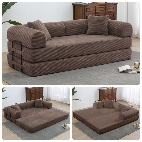 3-in-1 Convertible Sleeper Sofa Bed with Pillows - 78" Corduroy Folding Couch for Living Room, Bedroom