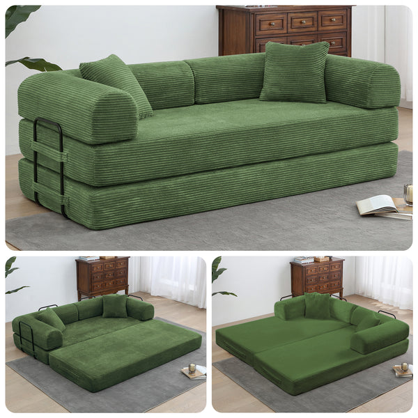 3-in-1 Convertible Sleeper Sofa Bed with Pillows - 78" Corduroy Folding Couch for Living Room, Bedroom