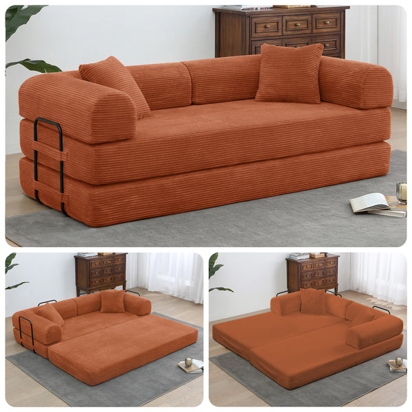 3-in-1 Convertible Sleeper Sofa Bed with Pillows - 78" Corduroy Folding Couch for Living Room, Bedroom