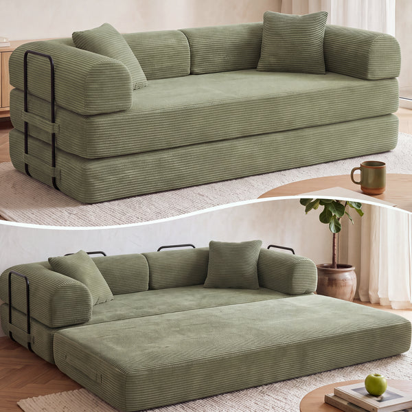 3-in-1 Convertible Sleeper Sofa Bed with Pillows - 78" Corduroy Folding Couch for Living Room, Bedroom