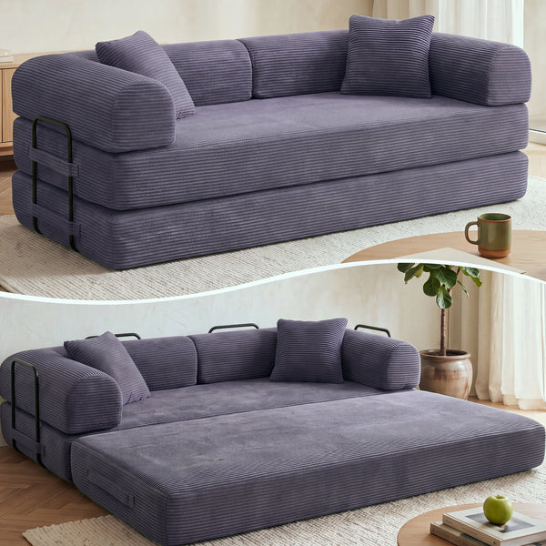 3-in-1 Convertible Sleeper Sofa Bed with Pillows - 78" Corduroy Folding Couch for Living Room, Bedroom
