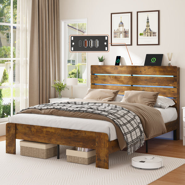 Wood Full Bed Frame with Headboard, Holaki Rustic Farmhouse Platform Bed Frame with USB Port & LED Lights, Heavy-Duty Wood & Metal Frame, No Box Spring Needed, Easy Assembly