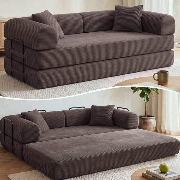 3-in-1 Convertible Sleeper Sofa Bed with Pillows - 78" Corduroy Folding Couch for Living Room, Bedroom