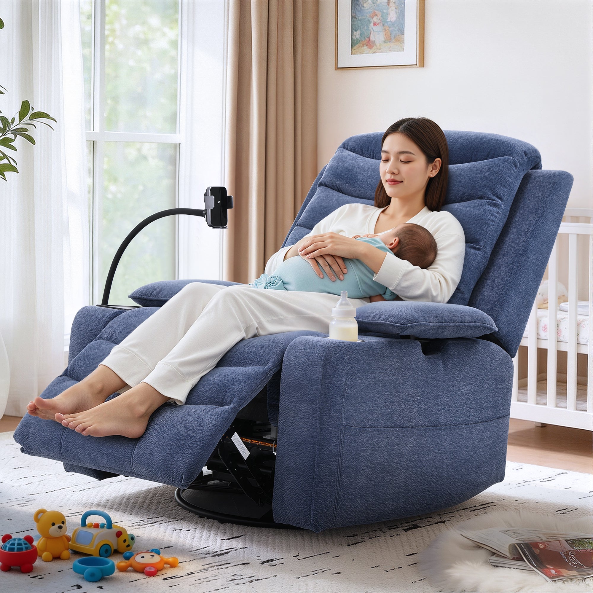 Holaki Power Recliner Chair, 270° Swivel Recliner with Heat & Lumbar Support, Modern Chenille Rocker Recliner Nursery Chair with Smart Cup Holder & Adjustable Armrests for Nursing