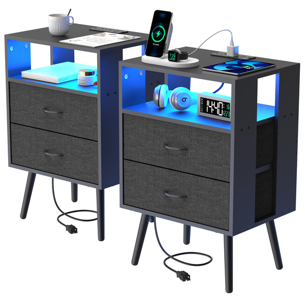 Nightstand Set of 2, Holaki Nightstand for Bedroom with Charging Station, Modern Nightstand with 3 Storage Drawer & 20 Colors LED Lights, Bedside Table for Living Room, White
