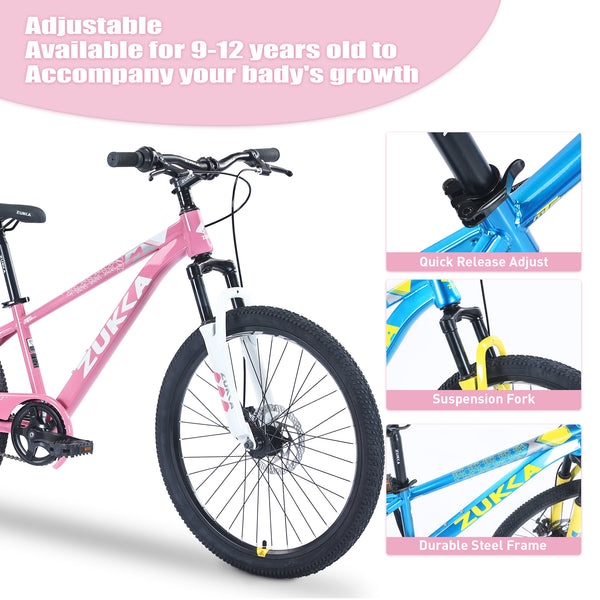 Holaki 24-Inch Kids Mountain Bike for Boys & Girls Ages 9–12, Durable Steel Frame Kid Bicycle with Suspension Fork, Double Disc Brakes, Adjustable Saddle & Handlebar