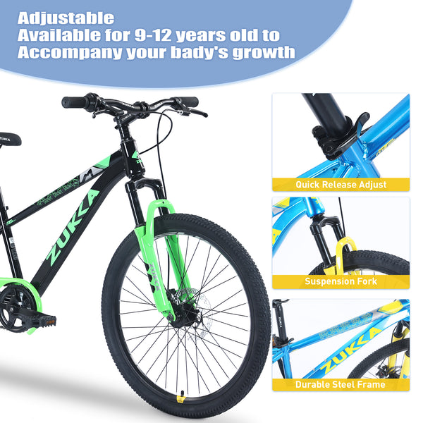 Holaki 24-Inch Kids Mountain Bike for Boys & Girls Ages 9–12, Durable Steel Frame Kid Bicycle with Suspension Fork, Double Disc Brakes, Adjustable Saddle & Handlebar
