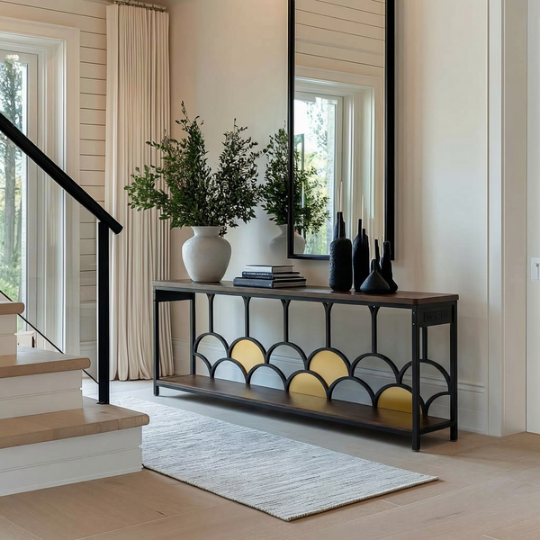 Modern minimalist metal-framed long cabinet with gold geometric accents, perfect for living rooms and entryways.