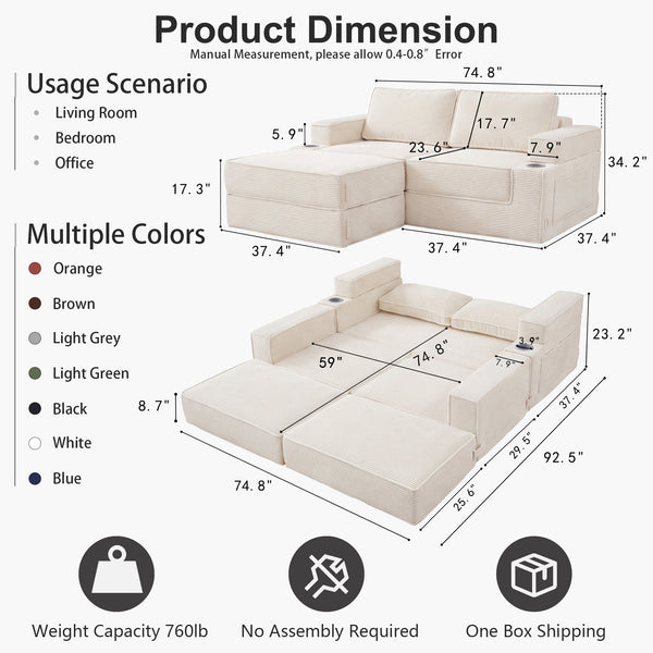 Holaki 5 in 1 Modular Sectional Sofa with Movable Ottoman, L-Shaped Convertible Boneless Couch for Living Room, Corduroy Deep Seat Sofa